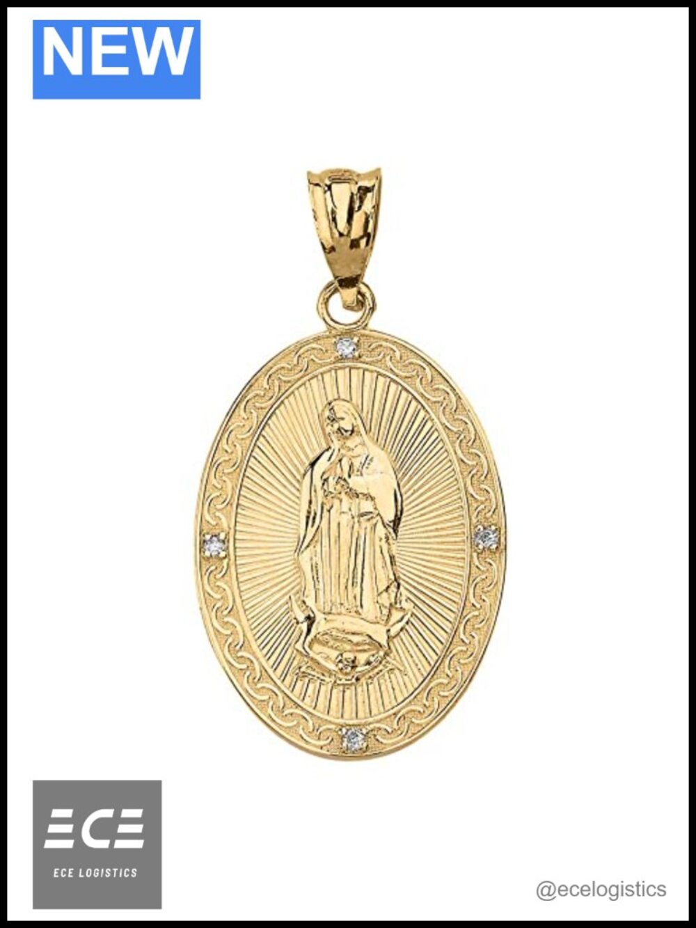 10K 14K Yellow Gold Diamond Our Lady of Guadalupe Oval Medal Pendant